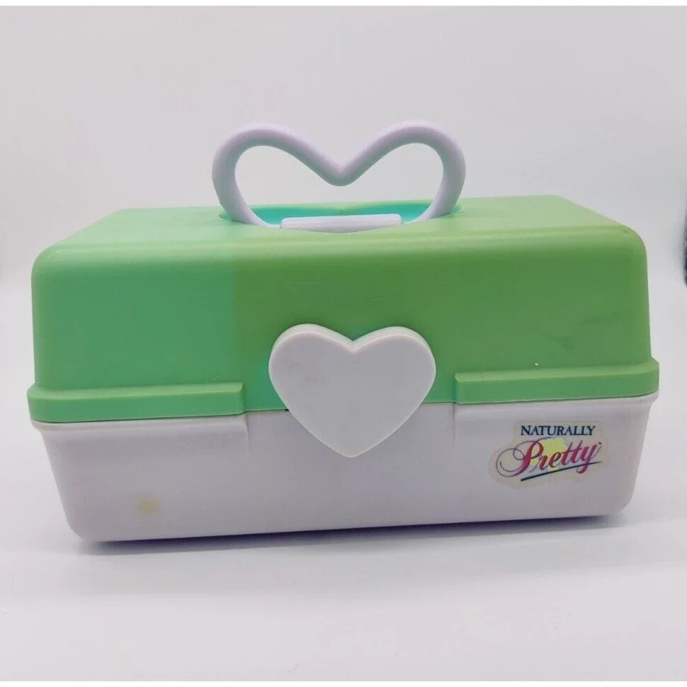 Vintage Naturally Pretty Cosmetics Case Travel Storage Jewelry Teal White Heart